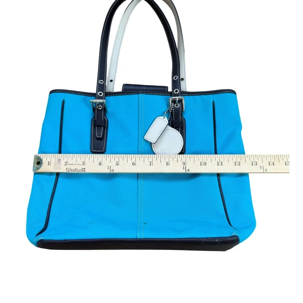 Coach Tote Bag Turquoise Canvas Black Leather CFDA Breast Cancer Charm - Picture 8 of 16